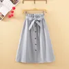 Womens Skirts Midi Knee Length Korean Elegant Button High Waist Skirt Female Pleated School Skirt 210419