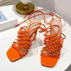 Sandalet Moda El Yapımı Tasarım Örgü Hollow Kadınlar Yaz Turuncu Kare Toe Cross Tied Stiletto Topuklu Bayan Ayakkabı 220303