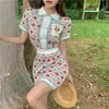 British Style Aesthetics Floral Knitted Co-Ords Set E-Girl Short Sleeve Lapel Tops And Mini Skirt Suit 2 Piece Vintage 90s 210527