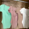 Primavera de malha de camisetas para mulheres sexy v pescoço de manga curta tshirts Casual Básico Verão Chaveiro Slim Cropped Tops 210601