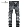 Gersri Men Jeans Slim Skinny Biker Pleated Trousers Hip Hop Washed Bleached Casual Moto Zipper Denim Pants Long Pants Male X0621