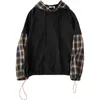 BF Style Patchwork Sweat Femmes Casual Manches Longues À Capuche Plaid Mode Pull Femme Coton Noir Poche Coton Tops 201102