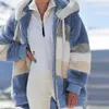 冬の女性のジャケット暖かいぬいぐるみカジュアル緩いフード付きコート混合カラーパッチワークのアウトウェアの毛皮の毛皮ジッパーレディースパーカー210914