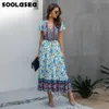 Soolasea 2021 Zomer Hippie Vintage Floral Maxi Jurken Elegant Beach Sash Sexy V-hals Print Long Boho Drwomen Vestidos X0621