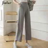 Jielur Mode Breite Bein Hosen Frauen Baumwolle Leinen Hohe Taille Einfarbig Taschen Schwarz Khaki Hosen S-XXL Frühling 211216