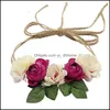 Bruiloft haar sieraden rosa bloem krans bruids kunstmatige kop tiara kroon lange riemen bloemen hoofdband vrouw accessoires drop levering 2021