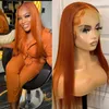 Orange Ginger Long Straight 13x4 Front Lace Real Wig Pre-Drawn Brazilian Waves 180% Density Remy Glueless Lace Closure Wig for Women