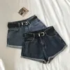 Hemming denim mini shorts kvinnor sommar enkel mångsidig hög midja bredben jeans med bälte femme 210724
