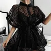 Bolinhas negras ver através de duas peças vestido mulheres sexy moda gothic high streetwear party outfits oversized com faixas 210527