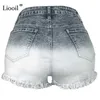 Liooil patchwork buraco cintura alta cintura jeans curtos com borla mulheres botão zíper bolsos lavados angustiados sexy shorts 210724