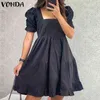 Women Short Sleeve Dress 2021 VONDA Holiday Summer Sundress Party Ruffled Square Collar A-line Mini Dress Vestidos Y220214