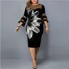 Womens Plus Size Dresses Casual Flower Print Mesh Patchwork Midi Lace 3/4 Sleeve Party Summer Dress For Wedding Clothing