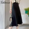 Tataria Silk Satin Kjolar för kvinnor Högt midja A-Line Elegant Sommar Rosa Midi Koreansk Stil 210629