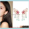 Dangle Chandelier Jewelrykorea S925 Sier Aiguille Zircon Bonbons Couleur Protéine Vert Rose Fleur Boucles D'oreilles Longue Frange Tempérament Doux Super