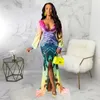 Casual Dresses Women Elegant Club Party Dress Vestidos Sexig V Neck Bodycon Long Boho Tryckt Mermaid Maxi Holiday RH306