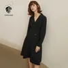 Fansilanen Zarif Ofis Bayan Siyah Blazer Elbise Kadınlar Sliming Seksi Sonbahar Kış Vintage Uzun Kollu Parti MIDI 210607