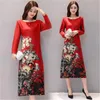 Robes décontractées grande taille femmes robe printemps et automne femme style chinois imprimé floral longue fente grand cheongsam J669