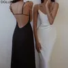 Dos nu A-ligne longue robe de soirée blanc noir Spaghetti sangle Satin Dres sans manches Sexy robe d'été 210719