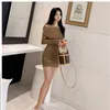 one off shoulder Dress piece Korea Ladies Long Sleeve knitted Mini Dresses for women clothing 210602