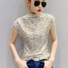 Shintimes Il nuovo modo di autunno della stampa del leopardo T-shirt dolcevita maglietta manica corta T Shirt Donna 3XL Plus Size vestiti 210311