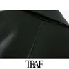Traf女性のファッションフェイクレザールースブレザーコートビンテージ長袖ポケットバックベント女性のアウターシックトップ211019