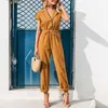 Casual Elegant Office Dames Jumpsuits Korte Mouw V-hals Rechte Hoge Taille Jumpsuit Dames Overall Solid Rompertjes 210709