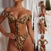 Sexy Bikini Zestaw Kobiety Brazylijski Wyściełany Push Up Swimwear Leopard Sling Strój kąpielowy G String Swimsuit Beachwear 210611