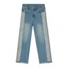 IEFB Mäns Slitage Färg Block Patchwork Blå Jeans Vår Koreanska Streetwear Design Tvättade Denim Straight Loose Byxor 210716