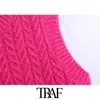 TRAF Mulheres Moda Cropped Cable-Knit Colete Sweater Vintage O Neck Sem Mangas Femininas Colete Feminino Chique Tops 210819