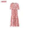Tangada Yaz Kadın Kırmızı Çiçekler Baskı Fransız Tarzı Uzun Elbise Puf Kısa Kollu Bayanlar Sundress 3A87 210609