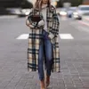 Mélanges de laine pour femmes motif vintage hiver Tweed Long Cardigan manteau mode revers poche vêtements d'extérieur amples automne femmes manches veste décontractée