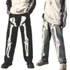 Erkekler Yüksek Bel Y2k İskelet Baskı Kot Şalvar Geniş Bacak Kot Pantolon Goth Harajuku Düz Pantolon Koşu Eşofman Altı Streetwear
