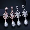 Cubic Zirconia Rose Gold Color Long Pearl Drop Earrings for Women Vintage Ethnic Wedding Bridal Party Jewelry CZ316 210714