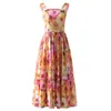 Women's Runway Dresses Spaghetti Straps Square Neckline Sleeveless Floral Printed Fashion Mid Dress Vestidos