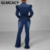 Dames bladerdeeg mouw Casual Denim Jumpsuit Pocket Design Chic Jeans Overalls 210702