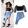 2021 Fashion Toddler Baby Kids Girl Clothes Set Top a maniche lunghe in pizzo a pois nero + Gonna lunga in denim irregolare Completi 2 pezzi