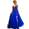 Royal Blue Short Sheath Prom Dresses With Long Tulle Skirt Cap Sleeves Lace Appliques Pearls Sash Bow Formal Evening Gowns Homecoming Dress 2022