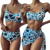 Women's Swimwear Sexy 3pcs Swimsuit Set Women Blue Leopard Print Brazilian Bikini Padded Bra Thong Bathing Suit With Sarong Coverup Skirt