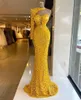 Glitter Yellow One Shoulder Beads Sequined Formal Long Prom Dress 2021 Dubai Arabic Robe de Soiree Party Evening Gowns