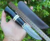 High End Survival Straight Knife VG10 Damascus Steel Drop Point Blade Ebony + Horn + Brass Head Handle Fixed Blades Knives With Leather Sheath