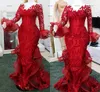Röd Burgundy Lace Mermaid Prom Klänningar 2022 Real Image Långärmad Applique Ruffles Clound Arabic African Afton Dress Wear