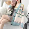 H.SA Women Sweater Cardigan Gebreide Lange Cardigan V-hals Retro Vintage Geomertric Oversized Cardigans Button Up Casaco Feminino 210716