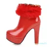 Boots Fur Ankle For Women High Heels Platform Women's Red White Snow Winter Shoes Woman Large Size 48