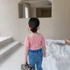 Корейский стиль Baby Girls Cute Big Bowknot квадратный воротник с коротким рукавом футболки летние хлопчатобумажные 3 цвета пышные тройники 210615