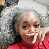Srebrny Szary Human Włosy Pony Tail Hairpiece Dye Sznurka Darmowe Naturalne Hightlight Sól I Pieprz Grey Włosy Ponytail Afro Kinky Kręcone Dla Kobiet
