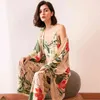 Julys Song 3 Pcs Women Pajamas Set Viscose Floral Printed Female Pyjama Loose Sleepwear Nightwear Spring Summer Lounge Wear