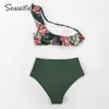 Seaselfie One Shoulder Ruffled High midja Bikini Set Women Sexig Green Floral Two Piece Swimsuit 2021 New Swimming Swimwear 210305