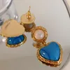 Stud Retro Earring For Women French Style Blue Heart Pendant With Pearl Aros Charm Lady Luxury Gift Jewelry 2021