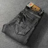 Włoski Styl Moda Dżinsy Mężczyźni Wysokiej Jakości Elastyczna Bawełna Slim Fit Ripped Retro Czarny Szary Vintage Designer Denim Spodnie NR6Q