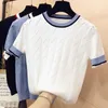 summer arrival short sleeve o-neck patchwork sweater women fresh cute loose knitted pullover Modis tops 211007